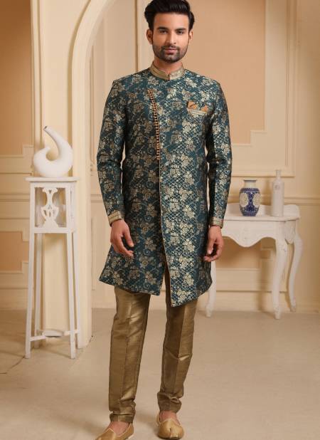 Rama Green Colour Jacquard Silk Digital Print Wedding Wear Indo Western Mens Collection 9238